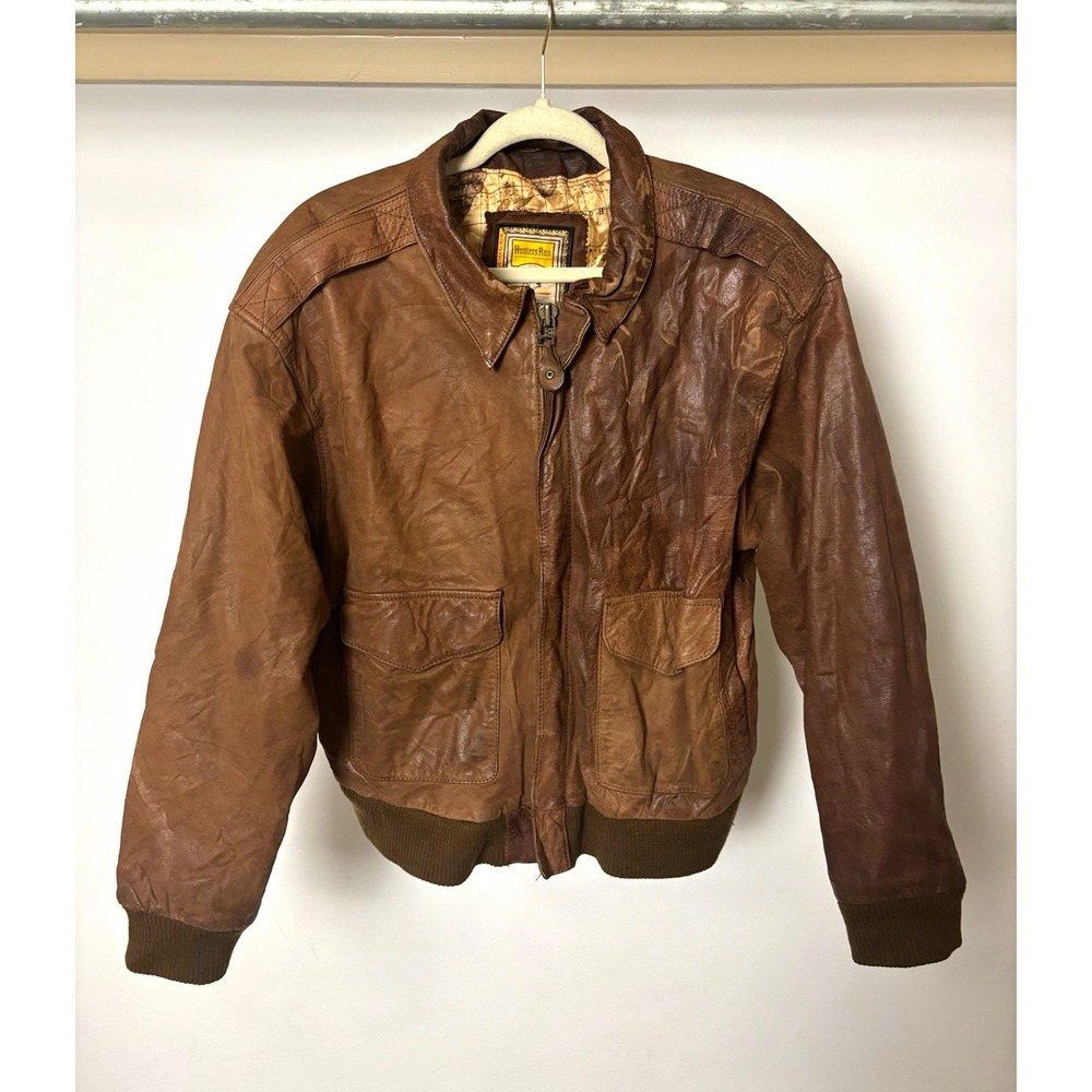 Hunters Run Men's Brown Leather Bomber Jacket L Full Zip Lined Pockets 44"